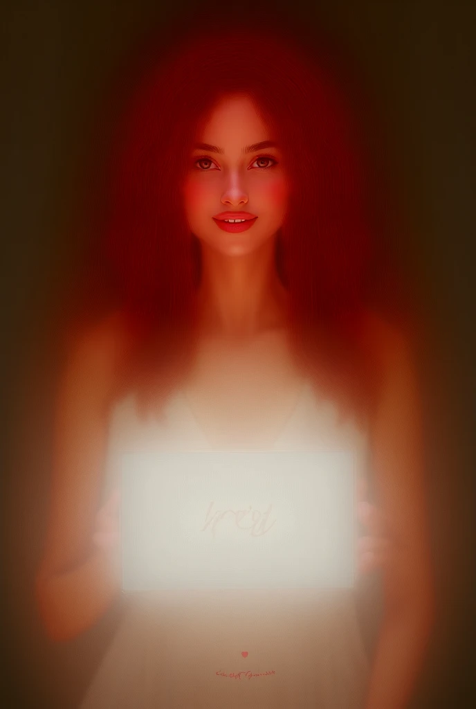 Beautiful girl with wavy red colour long hair, bohemian dress, holding a white board with text "I Love Itx Shoaib" and showing it to the viewer