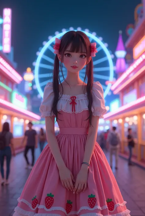 
Masterpiece, Asian young woman with long brown hair styled in pigtails, wearing a white and pink lolita dress adorned with strawberries, standing on a pavement at night. The background features a brightly lit amusement park with a Ferris wheel and a fairy...