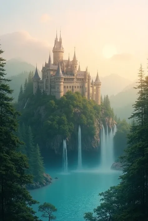 A grand castle perched atop a towering cliff, overlooking a serene, crystal-clear lake. The castles spires reach towards a sky painted with the hues of a setting sun, casting a golden glow over the landscape. Surrounding the castle are lush, verdant forest...