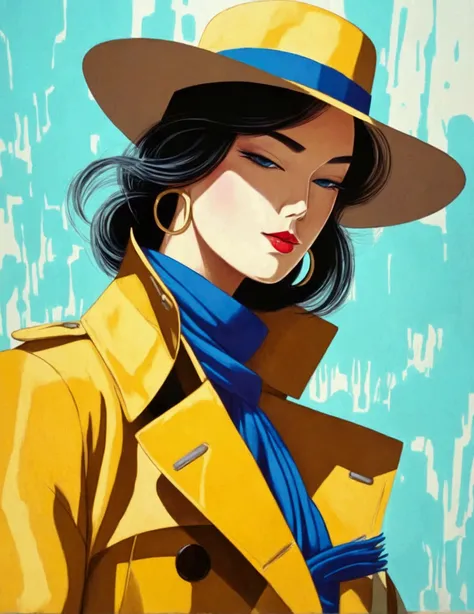 A female model doing the JoJo pose, Full body JoJo pose, Female model wearing trench coat, actress hat and scarf, Cool face, made by Ichiro Tsuruta, Inspired by Ichiro Tsuruta, high contrast graphic design art, debonair, Stylish Background, cool random col...