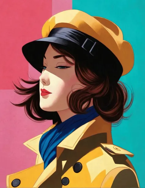 A female model doing the JoJo pose, Full body JoJo pose, Female model wearing trench coat, actress hat and scarf, Cool face, made by Ichiro Tsuruta, Inspired by Ichiro Tsuruta, high contrast graphic design art, debonair, Stylish Background, cool random col...