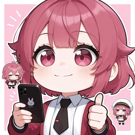 (+ +:1.5), thumbs up, chibi, girl, upper body, holding a smartphone