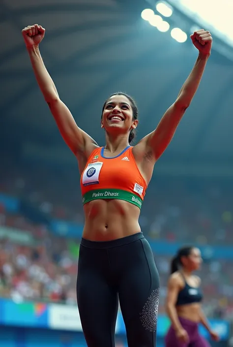 Manu Bhaker at the Olympics waving with hands up wearing a sleeveless short crop top and low rise pants