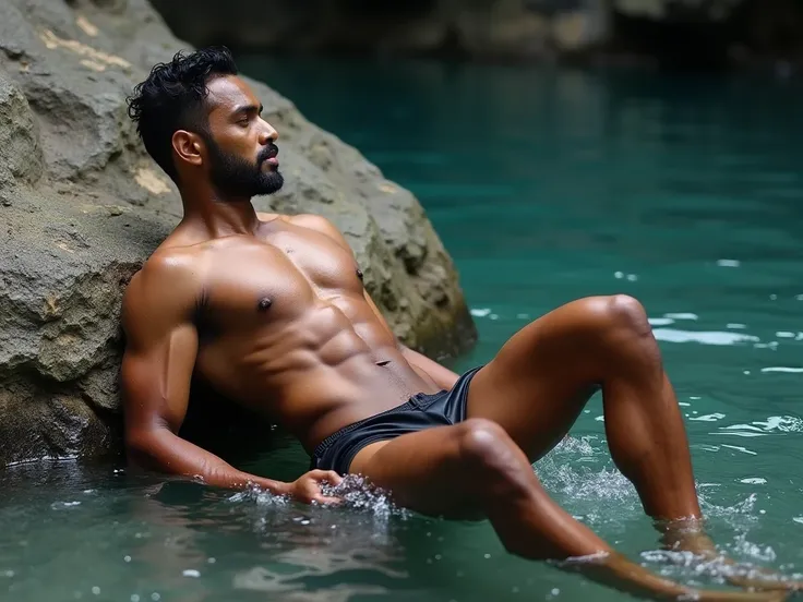 a naked muscular young tanned Indian male model laying on a rock with his ass in the water, beautiful body and face, black perfect hairs, unshaven, muscular! fantasy, blue steel, blonde, sculpting, calf, his body is covered by the water,