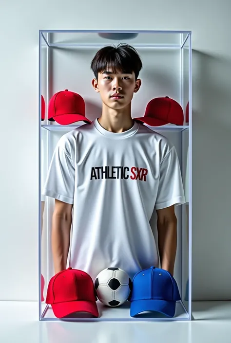 This picture is a handsome young Korean model from the brand ATHLETIC SXR who is stylishly designed ,  in a transparent acrylic box with a special appearance. Wearing a T-shirt from the brand ATHLETIC SXR, emphasizing the clear look of the football athlete...