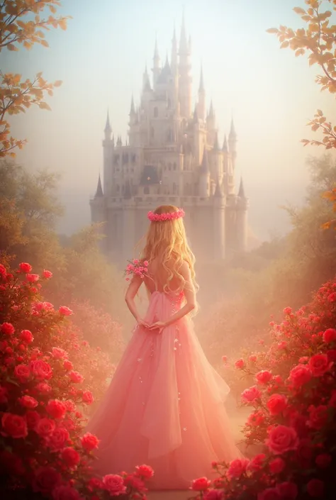 generate asthetic image of castle with princess heaving roses in hand