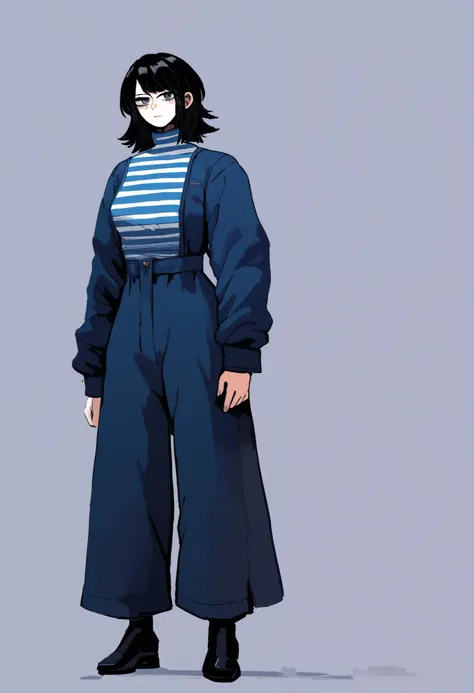 Anime, Concept art, Absurd resolution, high resolution, (masterpiece: 1.4), hyper-detail, octosoup, 1woman,  mthwshanya, medium hair, black hair, black eyesblue, jumpsuit, long sleeves, striped shirt

