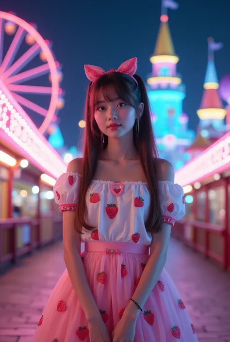 
Masterpiece, Realistic,Asian young woman with long brown hair styled in pigtails, wearing a white and pink lolita dress adorned with strawberries, standing on a pavement at night. The background features a brightly lit amusement park with a Ferris wheel a...