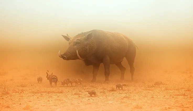 HYPER-REALISTIC, PHOTO, REALISM, CINEMATOGRAPHY, 8K

In the dry heat of the African savanna, a wild boar sow stands firmly amidst a patch of sparse, sun-scorched grass and cracked earth. Her powerful, muscular frame is coated in coarse, dust-covered fur th...