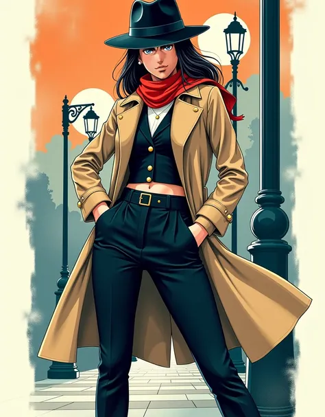 A female model doing the JoJo pose, Full body JoJo pose, Female model wearing trench coat, actress hat and scarf, Cool face, made by Ichiro Tsuruta, Inspired by Ichiro Tsuruta, high contrast graphic design art, debonair, Stylish Background, cool random col...