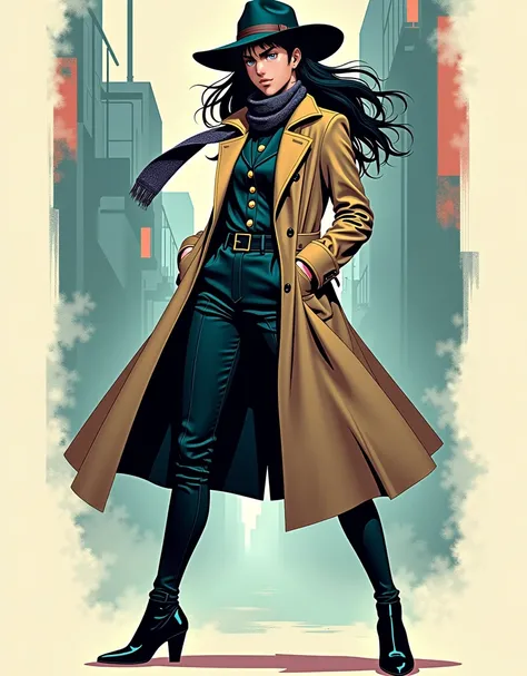 A female model doing the JoJo pose, Full body JoJo pose, Female model wearing trench coat, actress hat and scarf, Cool face, made by Ichiro Tsuruta, Inspired by Ichiro Tsuruta, high contrast graphic design art, debonair, Stylish Background, cool random col...