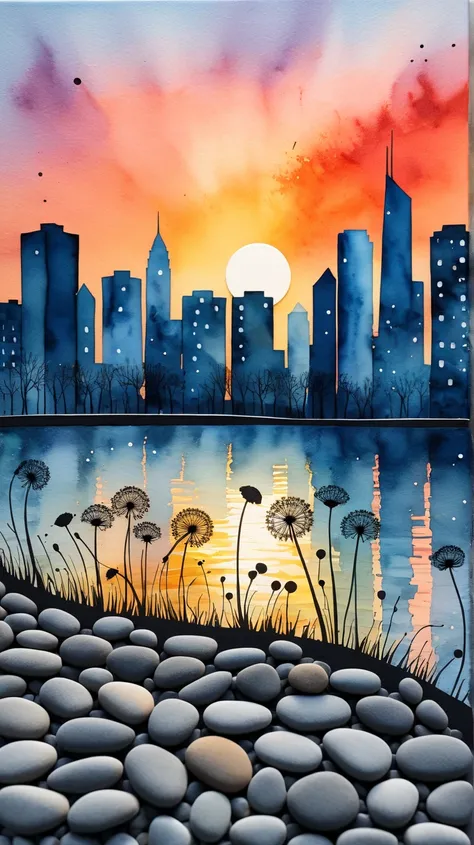 dandelions, sunset, city, winter, curved stains colors, relief pebbles art, multilayered watercolor, minimalism