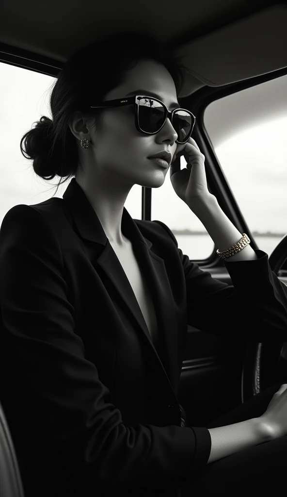 Closeup of vintage photo portrait from 1970s of a woman wearing big sunglasses, dark backdrop, studio light, beauty campaign, fashion editorial, ultra details, black and white, woman sitting in a car with dark hair pulled back into a low bun, wearing a gol...