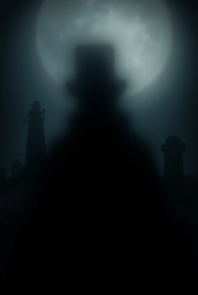  A black man dressed in a top hat and a black cape,  sitting in a cemetery at night under a large full moon .  The atmosphere is dark and mysterious ,  with a ghostly figure visible in the background . The young man appears contemplative or thoughtful ,  a...