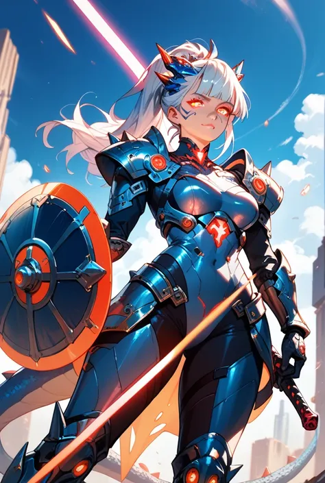 A woman with silver hair and blue strands of hair in it , red glowing eyes, wearing cyberpunk armor with a dragon on left shoulder ,has a energy sword and shield, spikes on armor, cyber boots, has a energy symbol glowing on face 