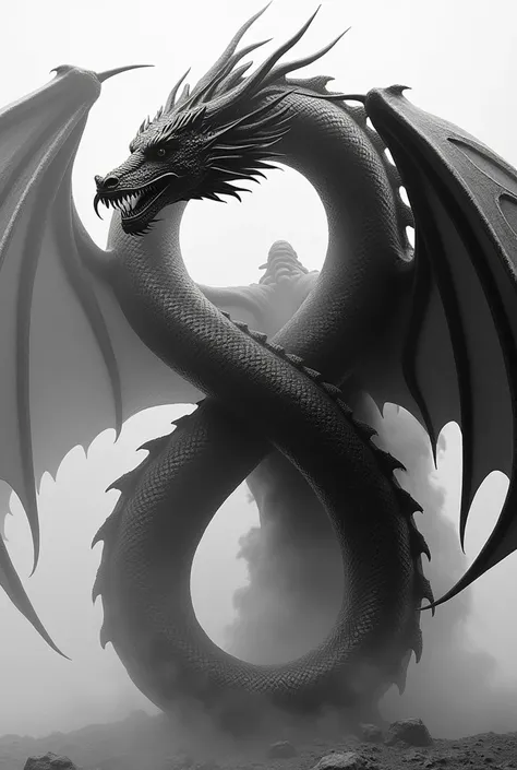 A black and white picture of a dragon forming the number 8