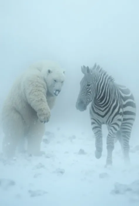 On a rugged snowy tundra with scattered patches of ice and frost-covered rocks, a large, muscular white bear with shimmering fur squares off against a sleek zebra with bold black and white stripes. The white bear roars with primal ferocity, revealing sharp...