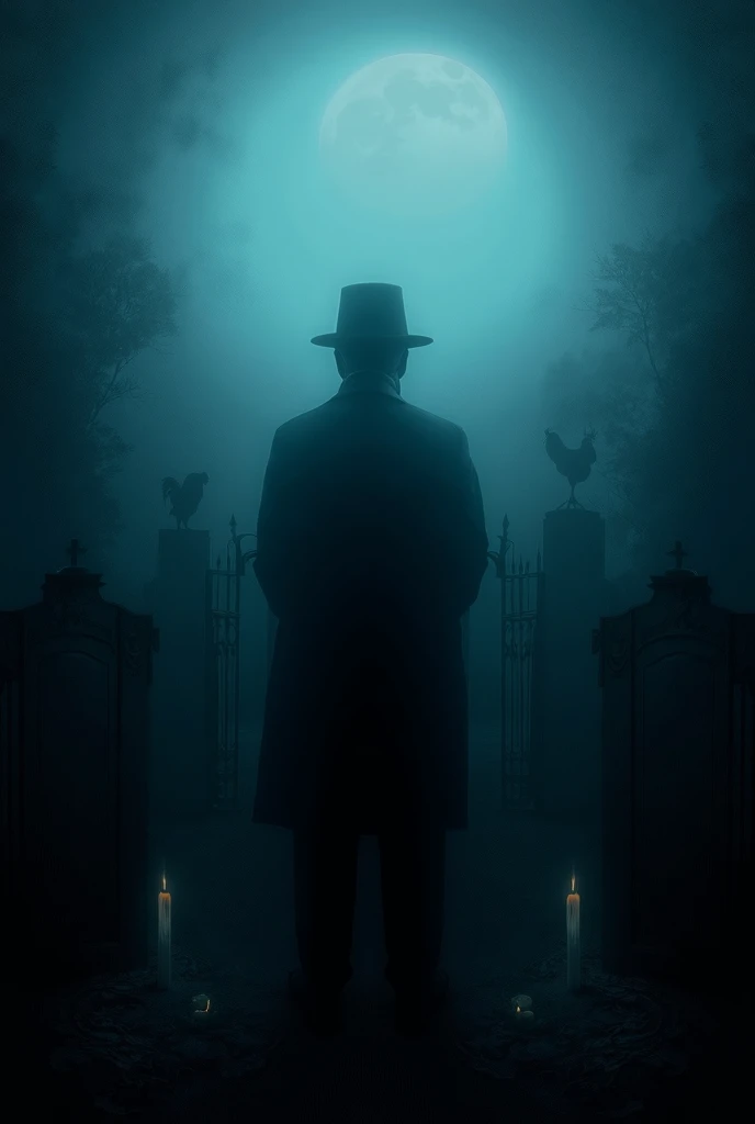 Of course.  Here is a description of the image :

 The image shows a man in a dark suit and tall hat standing in a cemetery at night.  There are candles burning on both sides of him ,  and there is a dark, hazy sky above . there is a full moon in the sky, ...