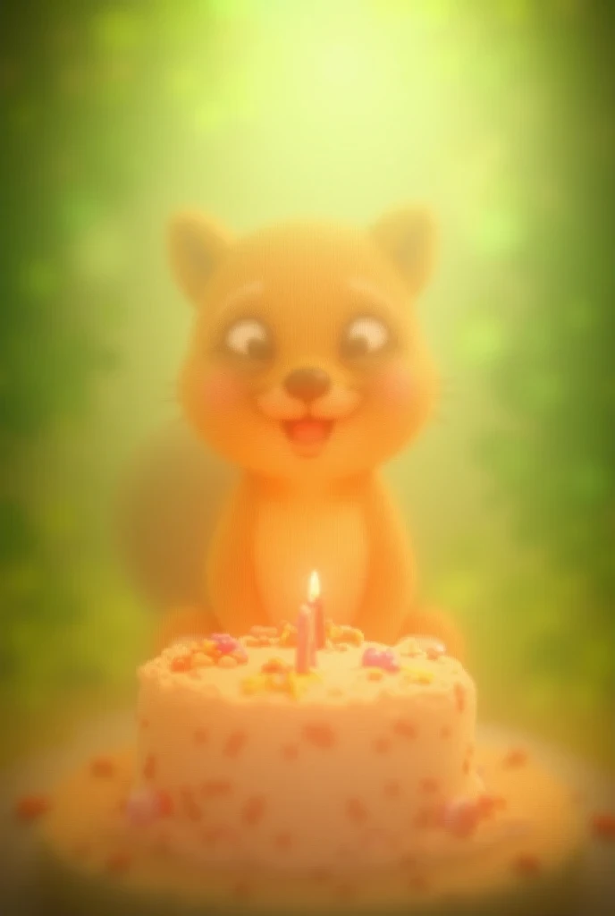 A squirrel with a birthday cake celebrating her birthday, That its not out of focus 