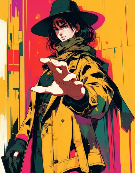 A female model doing the JoJo pose, Open one hand in front of face, Full body JoJo pose, Female model wearing trench coat, actress hat and scarf, Cool face, made by Ichiro Tsuruta, Inspired by Ichiro Tsuruta, high contrast graphic design art, debonair, Sty...