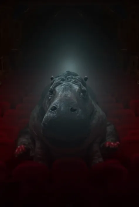 A hippopotamus with its head down sitting in the stands of a theater