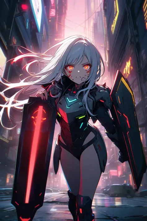 A woman with silver hair and blue strands of hair in it , red glowing eyes, wearing cyberpunk armor with a dragon on left shoulder ,has a energy sword and shield, spikes on armor, cyber boots, has a energy symbol glowing on face 