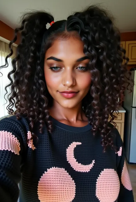  Dark-skinned Amazonian woman ,  curly hair, pigtails,  Long and voluminous , crochet sweatshirt with Moon designs,  taking a selfie , same background, ( small breasts ),  WIDE HIPS,  fine winding,  big ass and thick thighs . greenish yellow eyes . in the ...