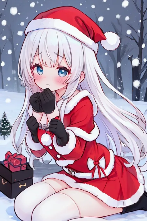  girl、 Santa Dress 、 miniskirt、 black stockings 、 wariza、Shy anger、snow