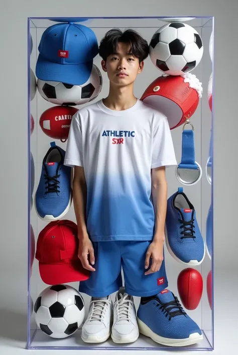 This picture is a handsome young Korean model from the brand ATHLETIC SXR who is stylishly designed ,  in a transparent acrylic box with a special appearance. Wearing a T-shirt from the brand ATHLETIC SXR, emphasizing the clear look of the football athlete...