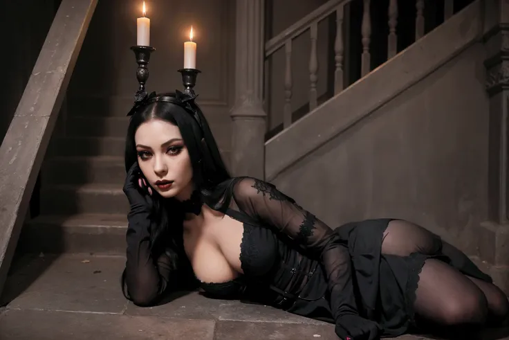  Low angle photograph of the stairs of an old Gothic palace in ruins with a woman walking down them dressed in a Gothic costume. The woman has long straight black hair . has a sensual look, heavily made-up eyes and long eyelashes . lips painted in deep red...