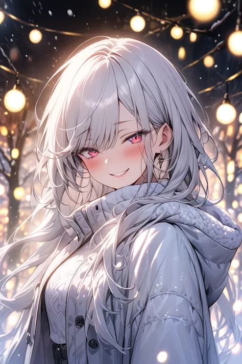 a woman, beautiful、Silver long hair, beauty、swept bangs、Crimson Eyes、slant eyes、Wide Eyes、 whole body、a woman gazing at illuminations, The woman is wearing warm coats, blush, smug, admire the brilliance of the lights, The background features sparkling ligh...