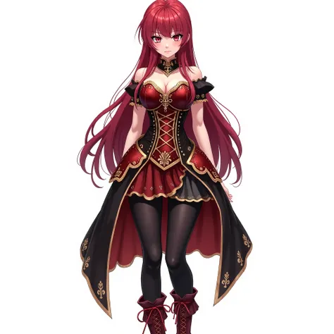 Anime character design, ((full body)) (front view):  de cuerpo entero

A girl with long, straight crimson-colored hair, featuring slightly wavy tips. She has a serene and mysterious expression, with large, stylized ruby-colored eyes that are bright and str...