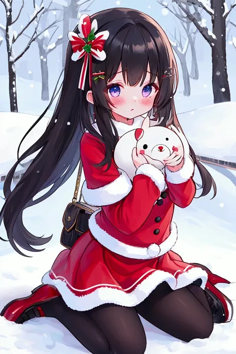  girl、 Santa Dress 、 miniskirt、 black pantyhose holding a puppy、 wariza、Shy anger、snow