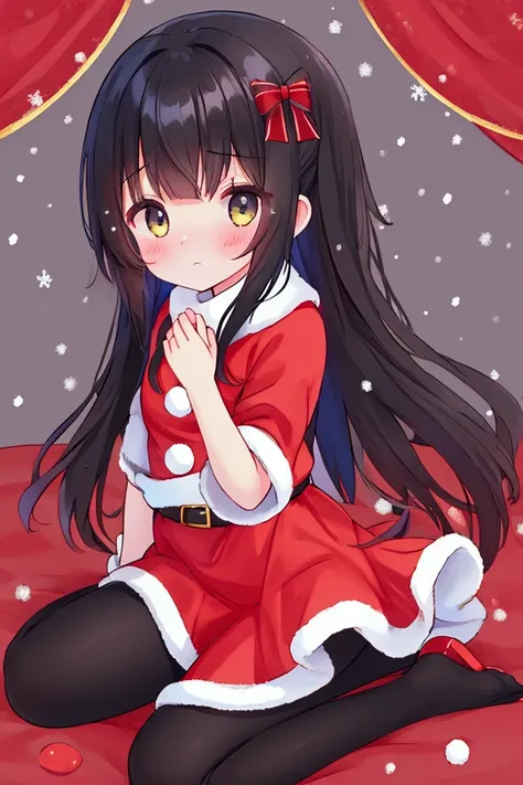  girl、 Santa Dress 、 miniskirt、 black pantyhose holding a puppy、 wariza、Shy anger、snow