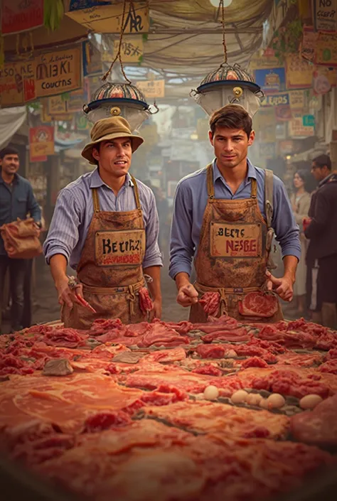 Cristiano and messi selling meat and eggs