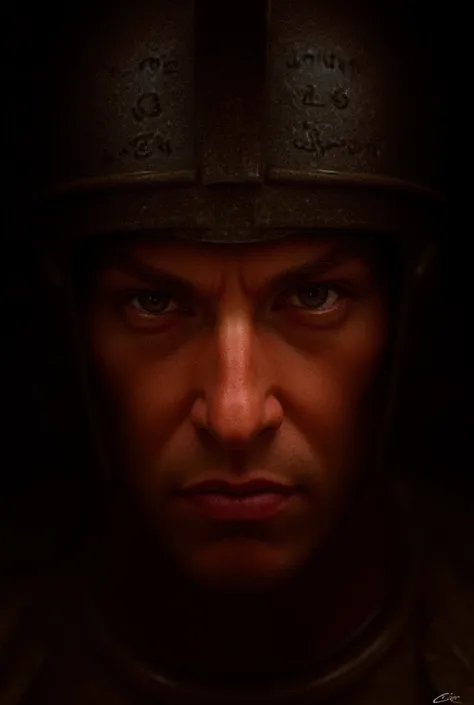 A close-up of Alexander the Greats face, wearing a Corinthian helmet, with intense eyes and a determined expression."