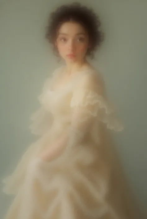  young woman wearing 19 century gown, confused which one, realistic, studio light, plain background