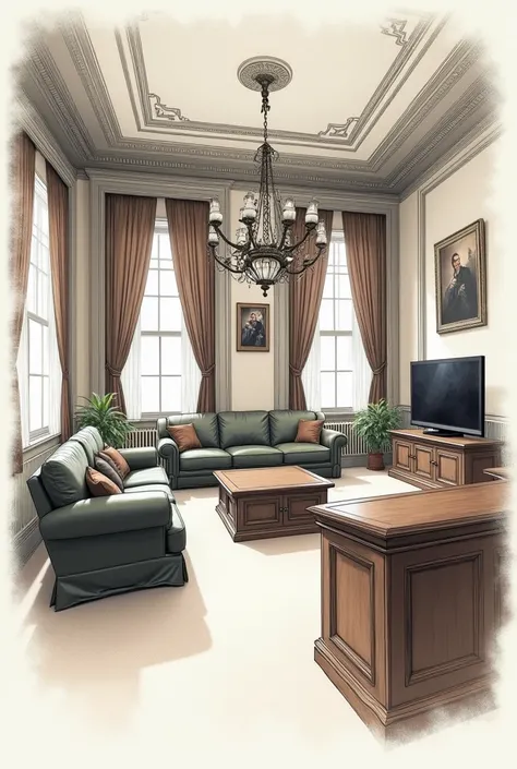 drawing of a drawing of a living room with a couch, chair, and a desk, a digital rendering by Daphne Allen, cg society contest winner, arts and crafts movement, court room sketch, courtroom drawing, furniture concept photo!!, courtroom sketch, concept draw...