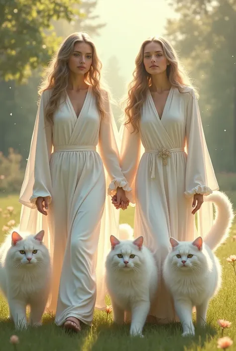 Women in white robes like angels in casual attire and walk with very large angora cat pets and walk together 