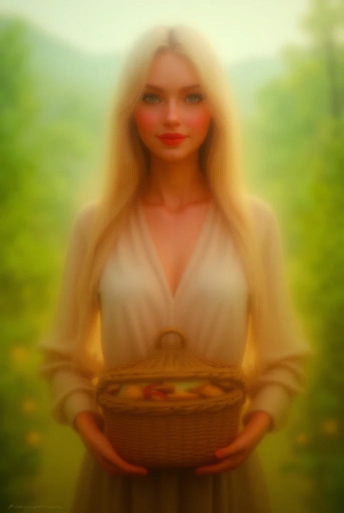 A young busty beautiful white lady carrying a food basket 