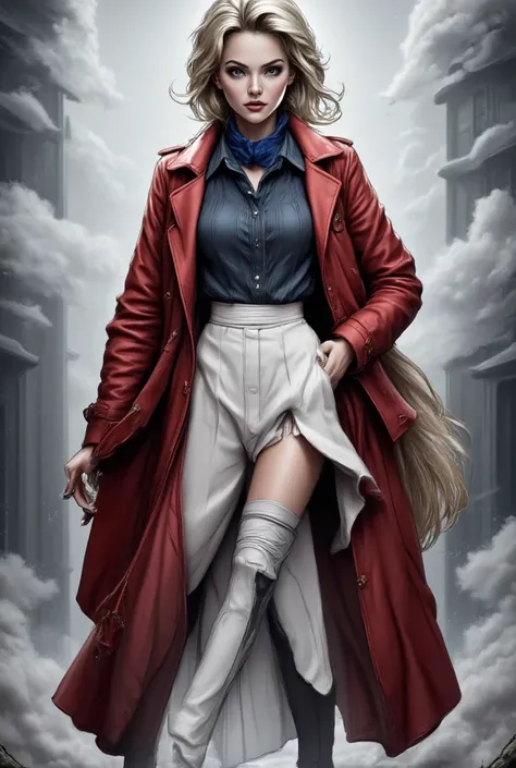 black and whiter art, a picture of a beautiful woman, blond hair, blue eyes, wearing red trench coat, wearing white skirt, wearing white button shirt, wearing a blue scarf wearing high heels boots, full body shot, it is cloudy day 