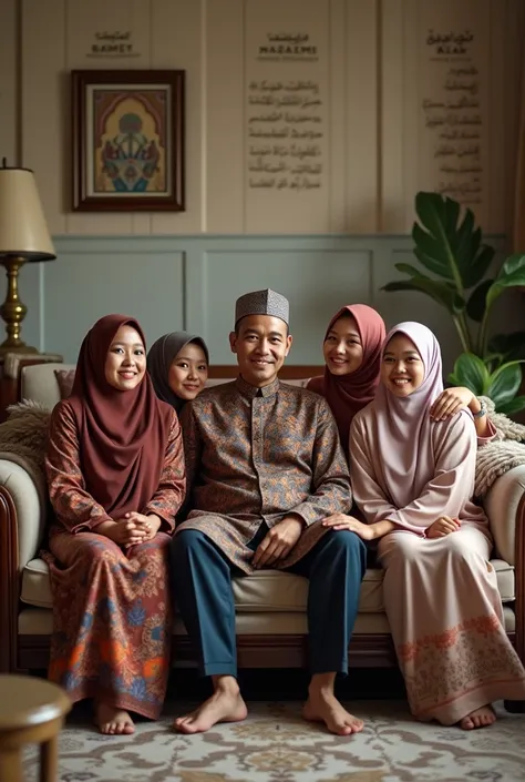  Create realistic muslim family photo Sitting on living room sofa .  1 adult man wearing songkok ,  4 adult women wearing hijab .  They are wearing Indonesian batik shirt ,  background of a living room with calligraphic inscriptions on the wall, 4k uhd pho...