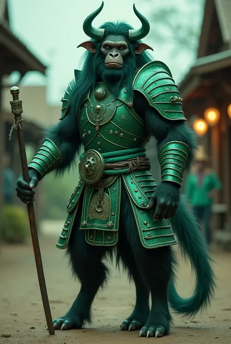 A captivating full body male centaur that is half buffalo half chimpanzee, with long hair, a perfect buffalo tail, pointy ears, wearing an emerald bioluminescent samurai armour, holding a weapon or staff, in a fantastic style, set in an Australian town, wi...