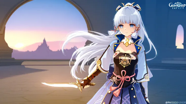  animation in the cg community - style image of a woman with long white hair and a knife, Valéria Dénes ,  screenshot inspired by the popular , Rococo, ayaka Genshin impact, Final Fantasy 14 Style , ayaka game Genshin impact, Genshin, Beautiful screenshot ...