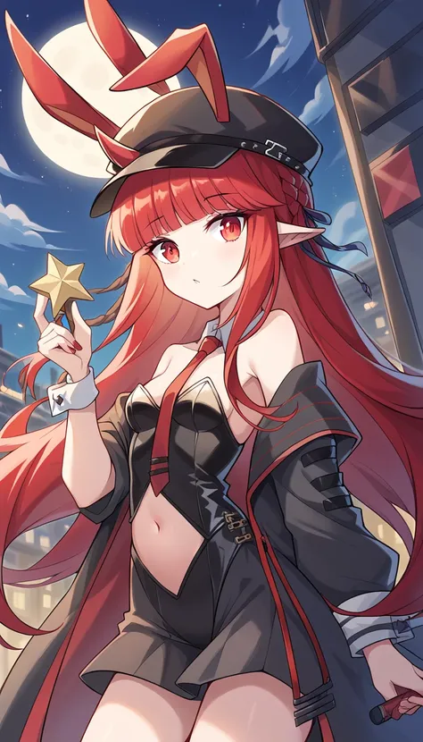 score_9, score_8_ up, score_7_ up, (arknights),   long hair, Red Hair,   holding a star  , horn、  red eyes, bangs, blunt bangs,  side lock, ,   gradation hair ,   hair accessories, ヘアクリップ   long hair,,    skirt, black  ,   skirt,  moon ,  twin ,Public Park...