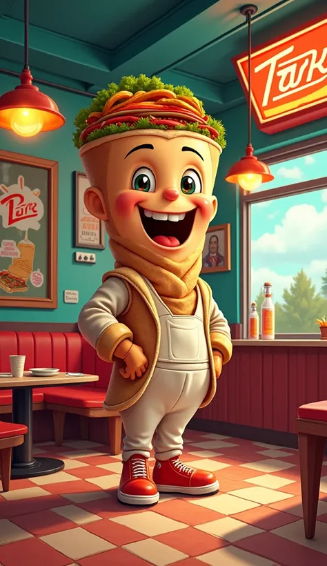 Retro cartoon brand vibrant colors shawarma mascot in the restaurant 