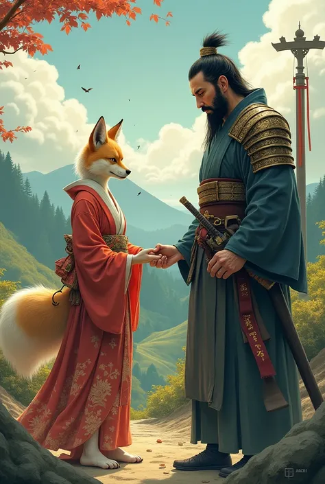 Kitsune marchandant avec un Moine combattant 