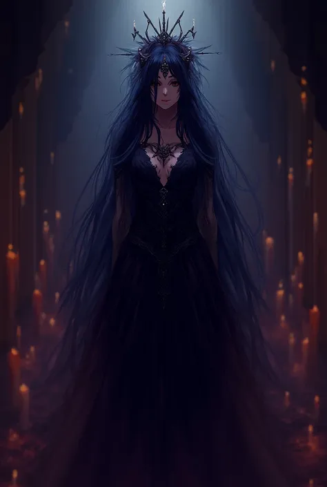 A semi-demon girl, wearing a demon queens dress and crown, standing in a dimly lit room with candles and a grand piano, her long black hair falling down her back.
Anime version