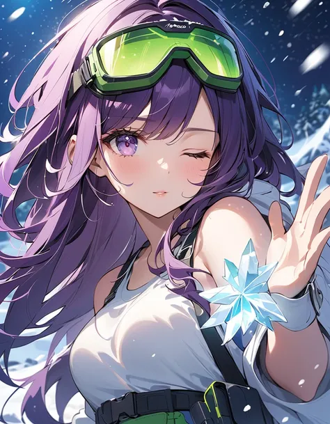 (masterpiece, Best Quality), light particles, alien world, night, close up, holding out hand, one eye closed, snowing, heavy snowfall, blowing snow, large crystals,l, beautiful face, purple eyes, purple hair, long hair, swept bangs, green tinted goggles on...