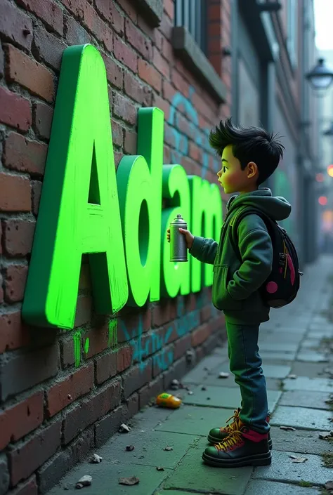 
Charming 3D illustration featuring a Handsome Asian Boy in urban attire, skillfully painting graffiti on a textured and dilapidated brick wall. He confidently held a can of spray paint, creating the bold, very bright light green words “Adam” written in th...